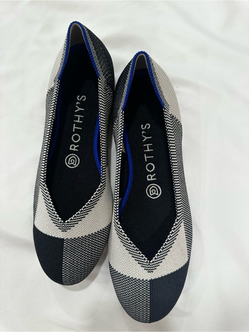Rothy's Black & White Knit Pointed Slip-On Flats with Blue Accent